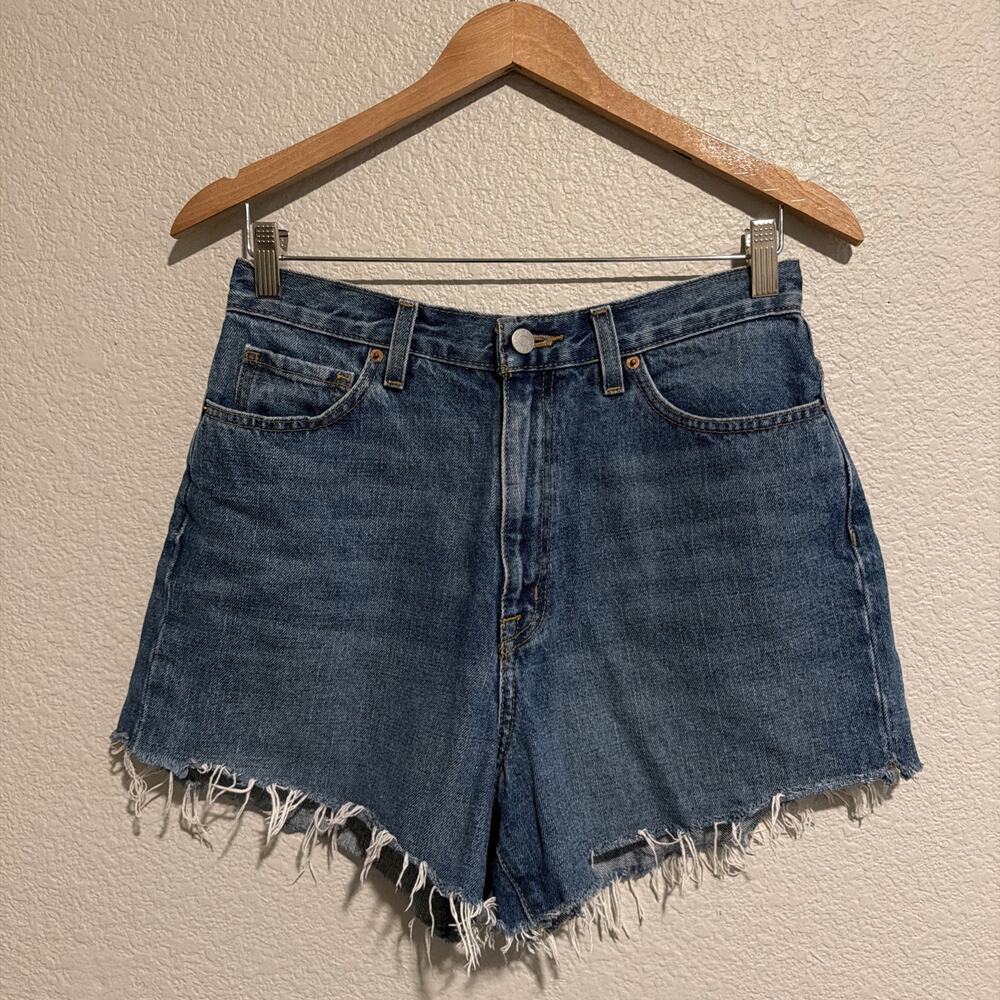 NEW BDG Mom High Rise Raw Hem 90s Jean Shorts Coastal Festival 100% Cotton Blue